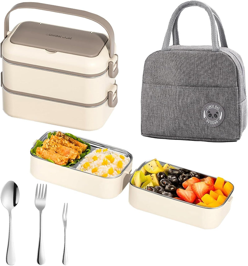 304 Stainless Steel Lunch Box for Adults & Kids - 1400ml Leakproof Bento Box with Insulated Bag & Cutlery Set, 2-Layer Microwave Safe Stackable Food Container for Office, School & Picnic - Light Brown-A