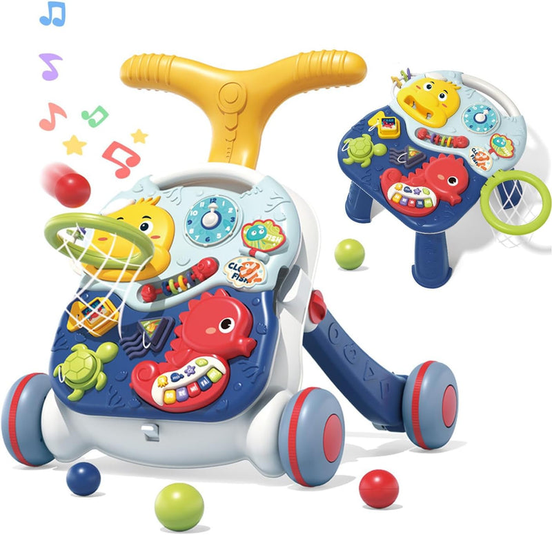 3 in 1 Learning Walker for Babies,Sit to Stand Baby Walker, Baby Push Walkers and Activity Center Walker, Musical Walking Toys, Adjustable Push Walkers for Boys Girls Toddlers Over 6 Months - B