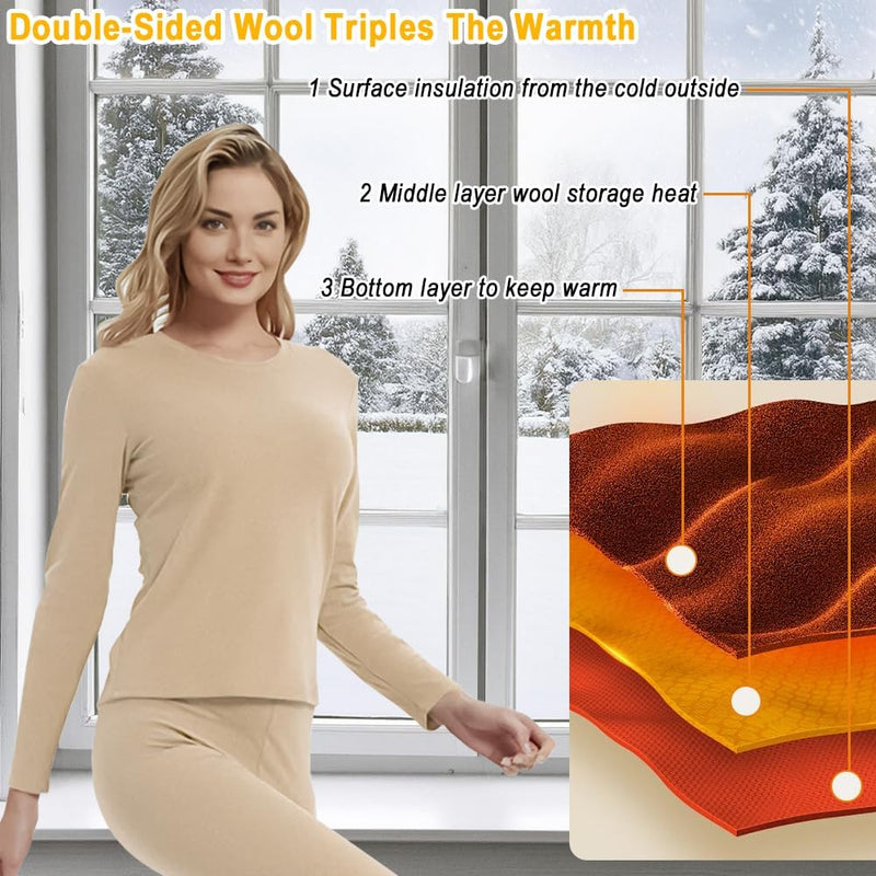 Women Thermal Underwear Set,Ladies' Tops and Pants,Thickened with Velvet,Round Neck Thermal Underwear,Soft and Skin Friendly,Suitable For Daily Wear and Outdoor Sports Matching