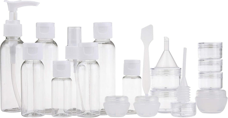 Travel Bottle Set - Refillable - TSA/Airline Approved - 12 Bottles and Jars - 3 Tools (Pipette, Funnel and Mini Spatula) - For Downsized Portions of Your Favorite Cosmetics, Lotions and Creams