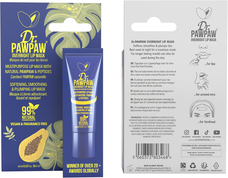 Dr.PAWPAW Overnight Lip Mask - Multi-Purpose Balm, Natural Pawpaw & Peptides Smooth Skin, Cracked Lips, Vegan, Ethical Beauty & Fregrance Free (25 ml)