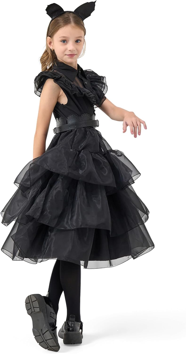 14 Pack Wednesday Black Costume, Wednesday Girls Dress, Kids/Teens Black Family Costumes, Girls Halloween Costumes Perfect for Halloween, Cosplay, and Parties