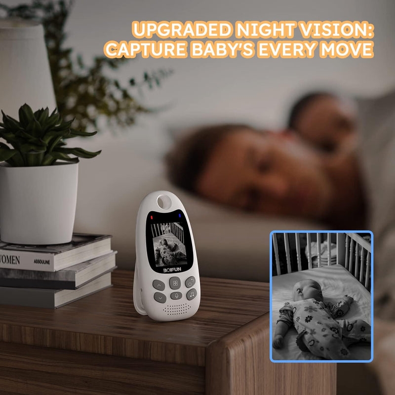 BOIFUN Video Baby Monitor with Camera, Two-way Audio, No WiFi, VOX Mode, Night Vision, 2-inch Screen Battery Powered, 8 Lullabies, Feeding Reminder, Smart Temperature, Elder/Pet, Wireless, Portable