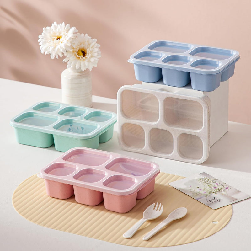 4 Pcs Wheat Straw PP 5-Compartment Bento Lunch Box, Reusable Snack Box Container for Adults and Kids, Food Storage Box for School, Work, Travel, Meal Prep Containers