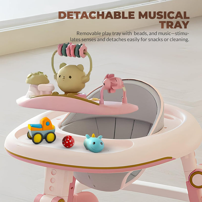 Baybee Petalia 2 in 1 Baby Walker for Kids, Round Kids Walker with 5 Position Adjustable Height | Activity Walker for Baby with Musical Bar, Toddler Activity Walkers for Babies 6-18 Months (Pink)