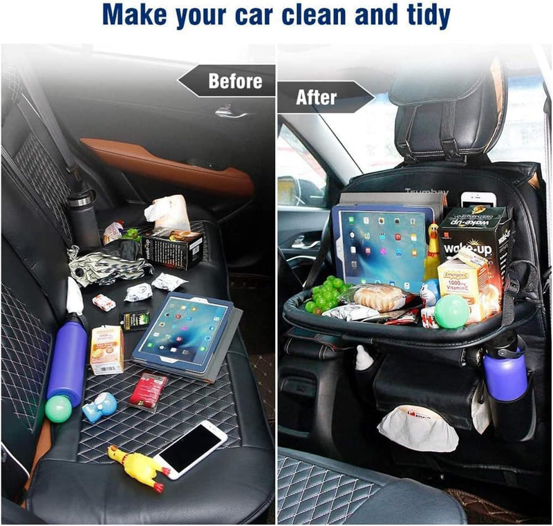 Car Backseat Organizer with Tablet Holder, Touch Screen Tablet Hanger Stand for Kids Toddlers and Storage, Cup Umbrella Tissue Holder, Kick Mats Protector Car Accessories Pack of 1 (Beige)