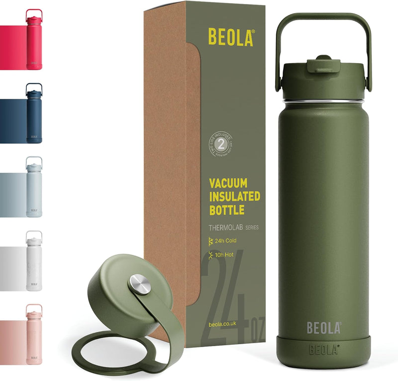 750ml Water Bottle 18/8 Stainless Steel 304 Double Wall Insulated thermo Bottle with Straw Lid and wide mouth, 2 lids included, Hot Cold Liquids Sports Bottle, 24oz (Raspberry) - Forest Green