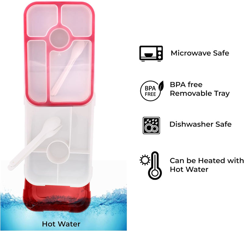 Bento Lunch Box -Leakproof, BPA-Free, Airtight Tiffin with Spoon & Fork- 5 Compartments, 1100ml, Microwave Safe Bento Box For Kids & Adults - Ideal for School & Office (Red)