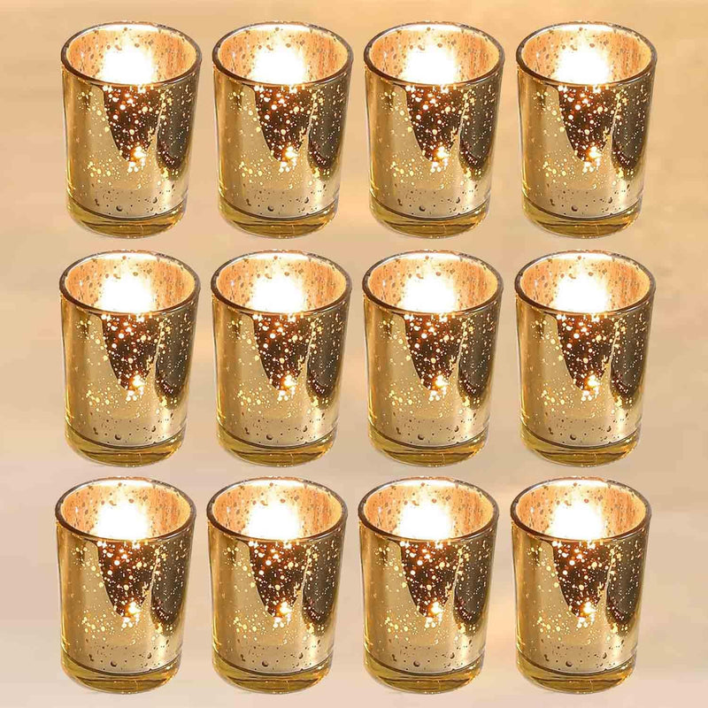 Tea Light Candle Holders, 12 Pack Glass Gold Tealight Holder, Gold Party Decorations, Tea Light Mercury Candle Holder Set for Wedding,Holiday,Home Decor, Valentine Party Ramadan/Eid Decorations