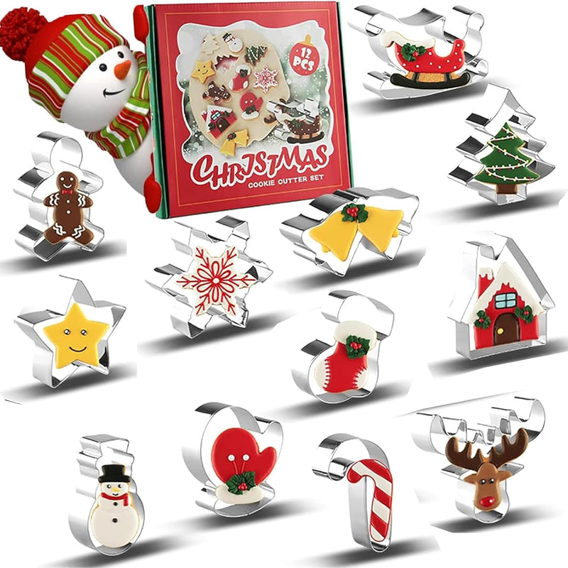 Christmas Cookie Cutters, 12 Pcs Stainless Steel Holiday Cookie Cutters Shape, Gingerbread Men, Christmas Tree, Snowflake, Santa Face and Snow Man for Baking Decorative Party Supplies