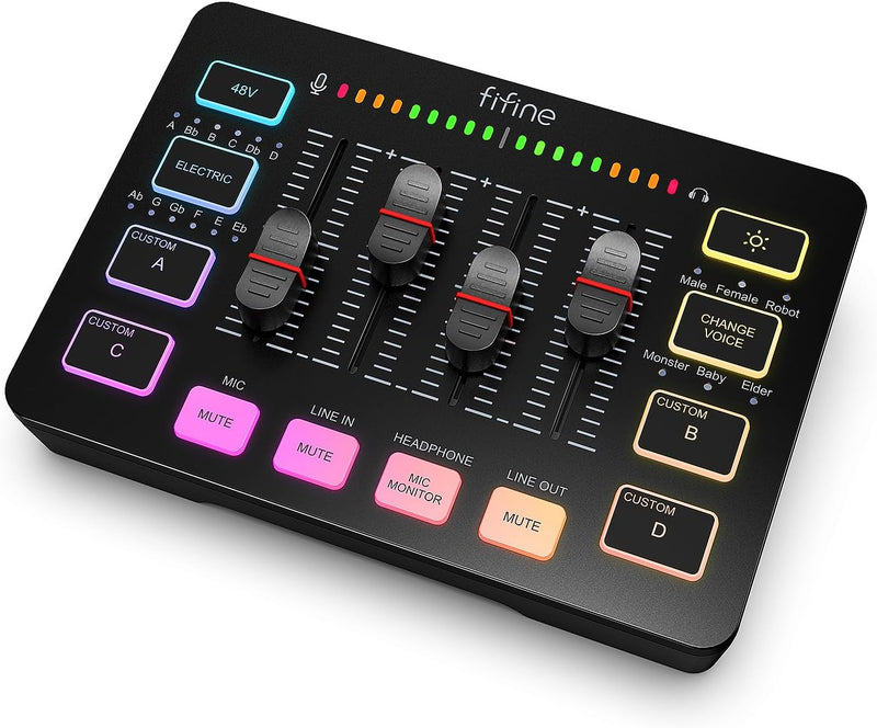FIFINE Gaming Audio Mixer, Streaming RGB PC Mixer with XLR Microphone Interface, Individual Control, Volume Fader, Mute Button, 48V Phantom Power, for Podcast/Recording/Vocal/Game Voice-AmpliGame SC3 - Black