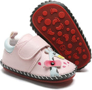 Baby Boys Girls Pu Leather Hard Bottom Walking Sneakers Toddler Rubber Sole First Walkers Infant Cartoon Slippers Crib Shoes - Giraffe/Pink
