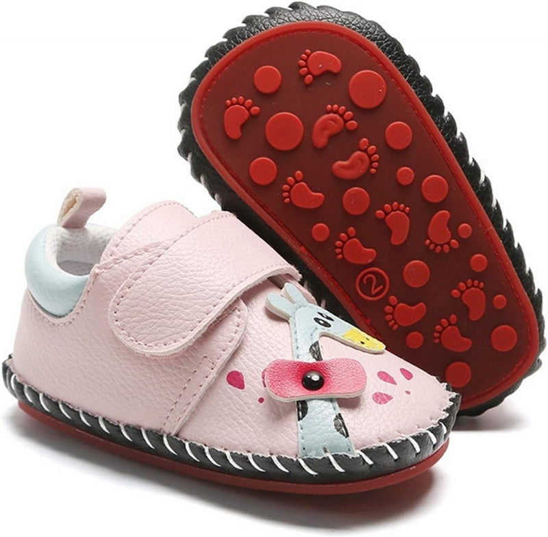 Baby Boys Girls Pu Leather Hard Bottom Walking Sneakers Toddler Rubber Sole First Walkers Infant Cartoon Slippers Crib Shoes - Giraffe/Pink