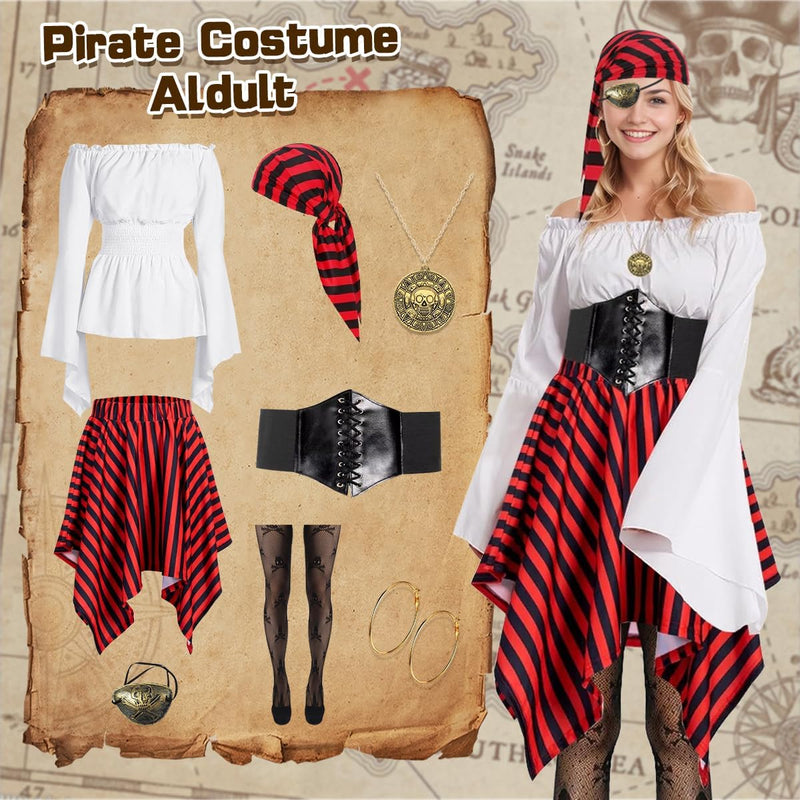 Women's Pirate Costume,Pirate Fancy Dress Up Accessories with Earring,Necklace,Eye Mask and Striped Headscarf,Adult Pirate Halloween Costumes for Cosplay Carnival Party Birthday Party