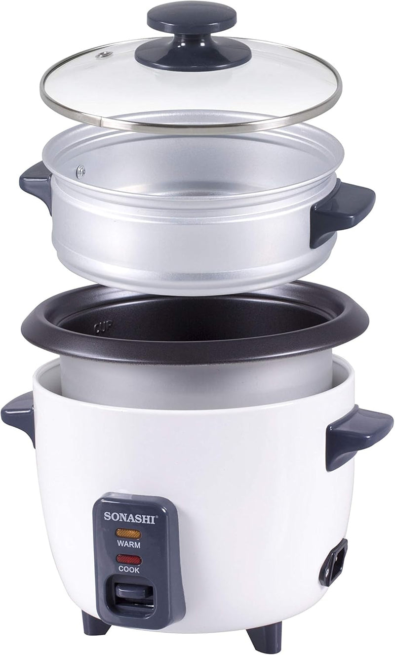 Sonashi 1.8 L Rice Cooker With Steamer SRC-318 - Tempered Glass Lid, Cool Touch Handle, Non-Stick Coating & Automatic Shut Off Function | Kitchen Appliance