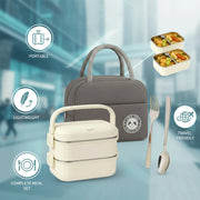 Stainless Steel Lunch Box - 1400ml 2 -Layer Bento Box with Insulated Bag, Spoon & Fork, Leakproof, BPA-Free, Dishwasher Safe - Ideal for Kids & Adults, Office, School, Travel (Cream White)