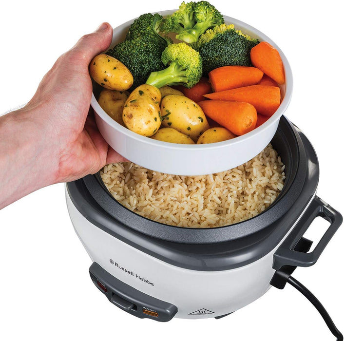 Russell Hobbs (27040GCC) Medium Rice Cooker & Steamer - 2L, Versatile Cooking, Keep Warm, Non-Stick, Glass Lid, White, 500W - 1-Year Warranty