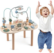 Wooden Activity Table for Toddlers 1-3, 6 in 1 Baby Play Table Activity Center with Bead Maze Shape Sorter, Montessori Toys for 1 Year Old, Kids Learning Educational Sensory Toys for Boy Girl