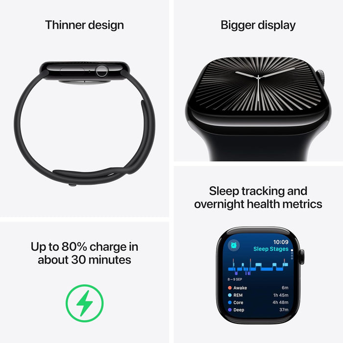 Apple Watch Series 10 GPS 46 mm Smartwatch with Jet Black Aluminium Case with Black Sport Band - M/L. Fitness Tracker, ECG App, Always-On Retina Display, Water Resistant
