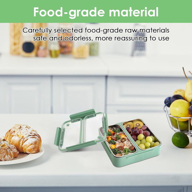 1100ml Bento Lunch Box for Meals and Snacks, Leakproof Insulated Food Container with 2 Stainless Steel Compartments for Adults and Kids at Work or School, Microwave Safe, Green