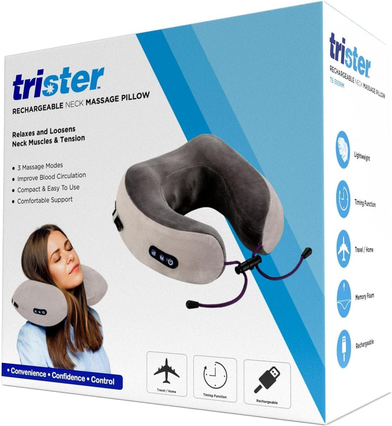 Rechargeable Neck Massage Pillow (TS593NM) 3 Modes (Kneading, Vibration, Combined), 2000 mAh Battery, 10Min AutoShutoff, USBC Input, Includes Carry Bag & Ear Plugs