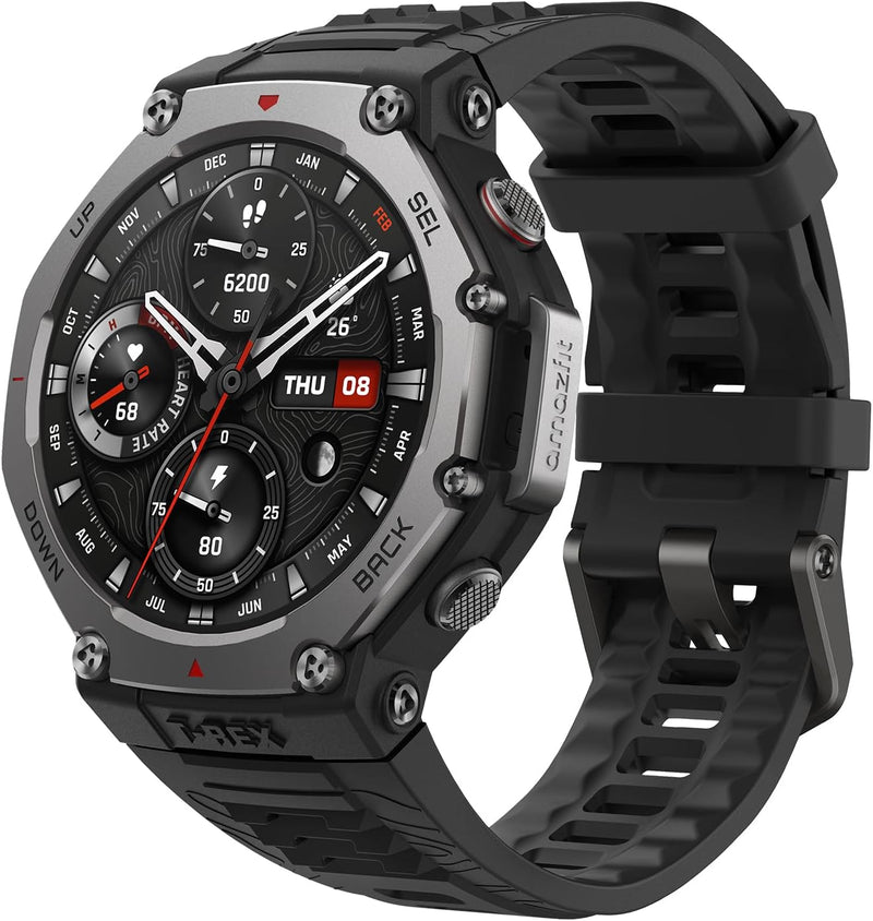 T-Rex 3 Smart Watch 48mm, 27 Day Battery, GPS (with Privacy), Offline Maps, 328 Feet Water-Resistant, 170 Fitness/Sport Modes, AI, Voice Control, for Android or iPhone - Onyx Black