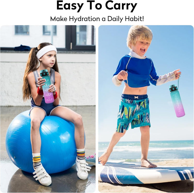 Motivational Water Bottle 1L with Straw BPA-Free, Leakproof Sports Bottle with Time Marker for Kids and Adults, Drink bottle for Gym, Travel, School, Office Use, Daily Hydration
