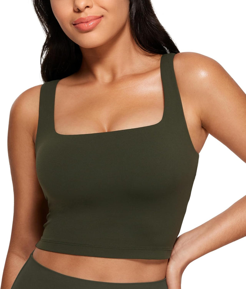 CRZ YOGA Butterluxe Womens Square Neck Longline Sports Bra - Workout Crop Tank Tops Padded Yoga Camisole with Built in Pads