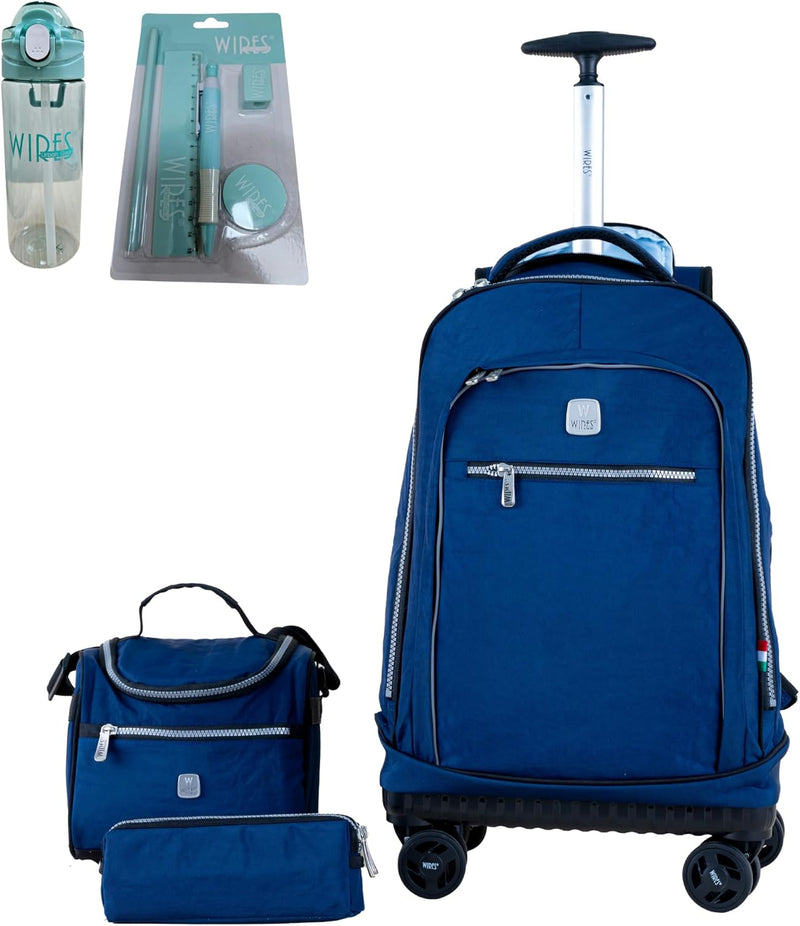 4 Wheels printed trolley 19" wtih lunch bag and pencil case (orange) - navy