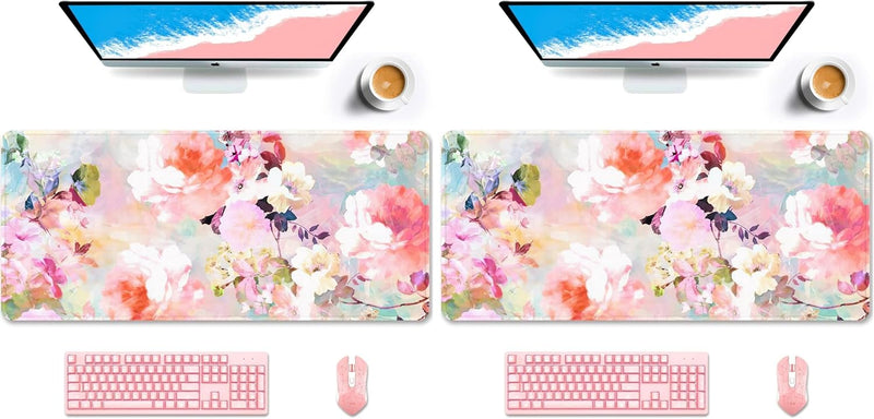 Auhoahsil Desk Pad, XXL Large Mouse Extended Gaming Mousepad, Cute Mat for Women, Big Office Accessories Pad Computer Keyboard and Laptop, 35.5 x 15.7 Inch, Pretty Pink Flowers, Girly Flowers - 02 Pink Flowers XX-Large (Pack of 2)