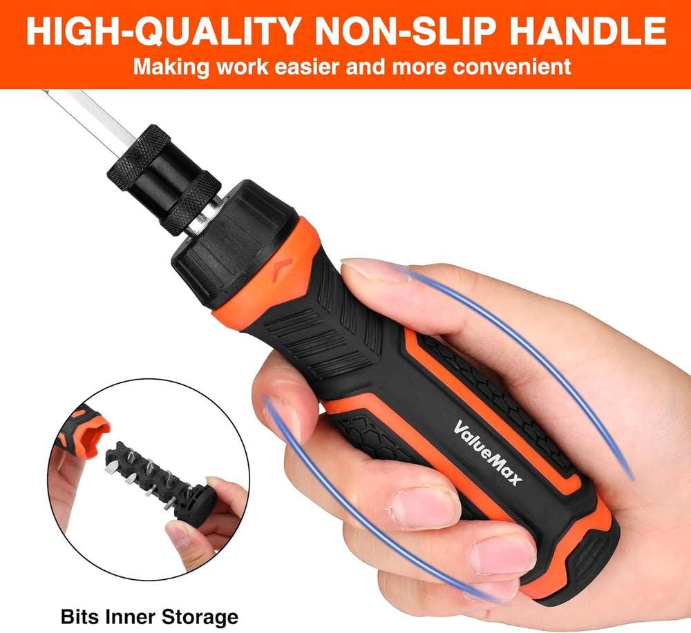 ValueMax Ratcheting Screwdriver, 9-In-1 Multi Screwdriver, Adjustable Length, High-Strength Bits, Phillips, Slotted, Torx, Hex, Nut Driver