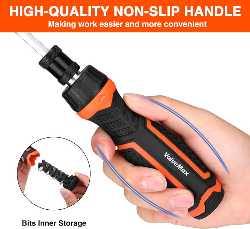 ValueMax Ratcheting Screwdriver, 9-In-1 Multi Screwdriver, Adjustable Length, High-Strength Bits, Phillips, Slotted, Torx, Hex, Nut Driver