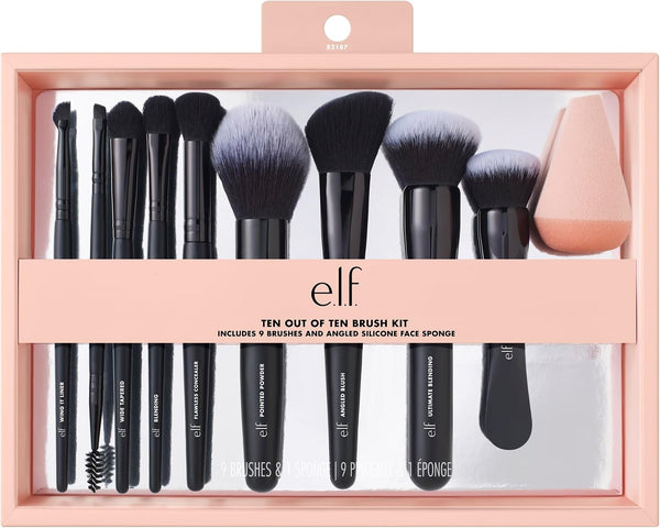 e.l.f. Ten Out Of Ten Brush Set, 10 Piece Brush Kit, Brushes For Face Makeup, Eyes, Brows & More, Made With Synthetic Bristles, Vegan & Cruelty-Free