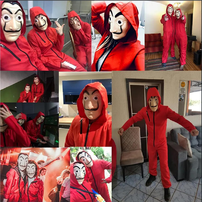 Money Heist Costume Red Jumpsuit with Salvador Dali Mask and Gloves Unisex Halloween Cosplay Outfit for Men Women Carnival Book Day Fancy Dress Full Set TV Show