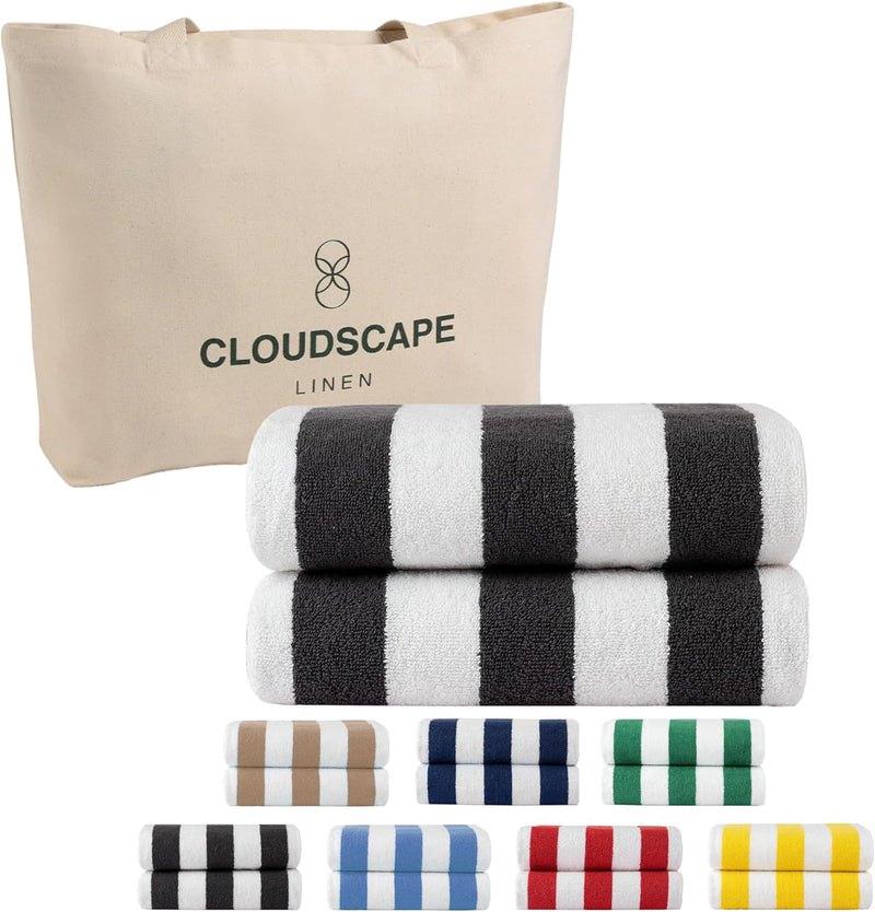 Cloud Scape Linen 2 Pcs Cabana Stripe Beach Towel Set, Oversized Soft Cotton Towel, Quick Dry and Highly Absorbent, Perfect for Beach, Picnic and Fitness, 76x152 cm, Blue