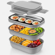 3-Layer Bento Lunch Box with Lunch Bag, Stackable Food Container with Built-in Cutlery Set for Kids, Adults, School, Office and Picnic(Grey)