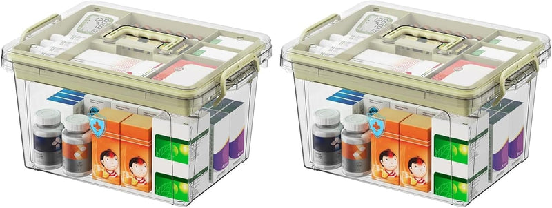 SKY-TOUCH Family Medicine Storage Box : Clear Plastic Storage Box with Tray Tool Organizer with Handle Multipurpose Storage Box for Medicine Toys Tools Office Supplies (37 26 20cm Beige) - Large (Pack of 2)