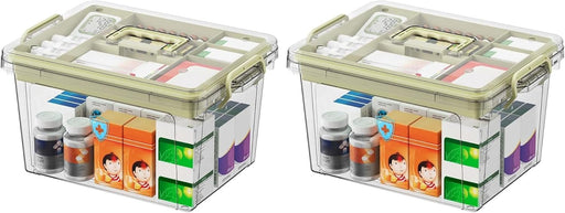 SKY-TOUCH Family Medicine Storage Box : Clear Plastic Storage Box with Tray Tool Organizer with Handle Multipurpose Storage Box for Medicine Toys Tools Office Supplies (37 26 20cm Beige) - Large (Pack of 2)