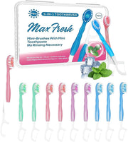 10 Pcs 5 in 1 Disposable Toothbrushes, Mini Travel Toothbrushes with Toothpaste Tongue Scraper Floss and Toothpick, On the Go Toothbrush Disposable with 4 Flavors and Case (Random color
