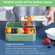 1100ml Bento Lunch Box for Meals and Snacks, Leakproof Insulated Food Container with 2 Stainless Steel Compartments for Adults and Kids at Work or School, Microwave Safe, Green