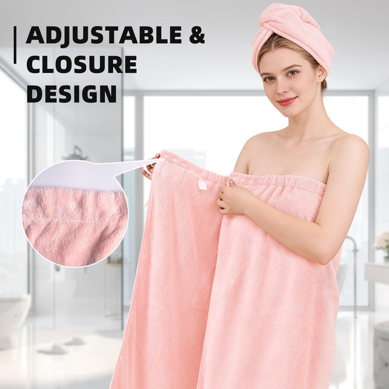 Women Wrap Towel Robe, Soft Highly Absorbent Shower Wrap Bathrobe with Snap Closure, Adjustable Spa Robe for After Bath, Includes Hair Turban, Pink Bathing Wrap for Ladies