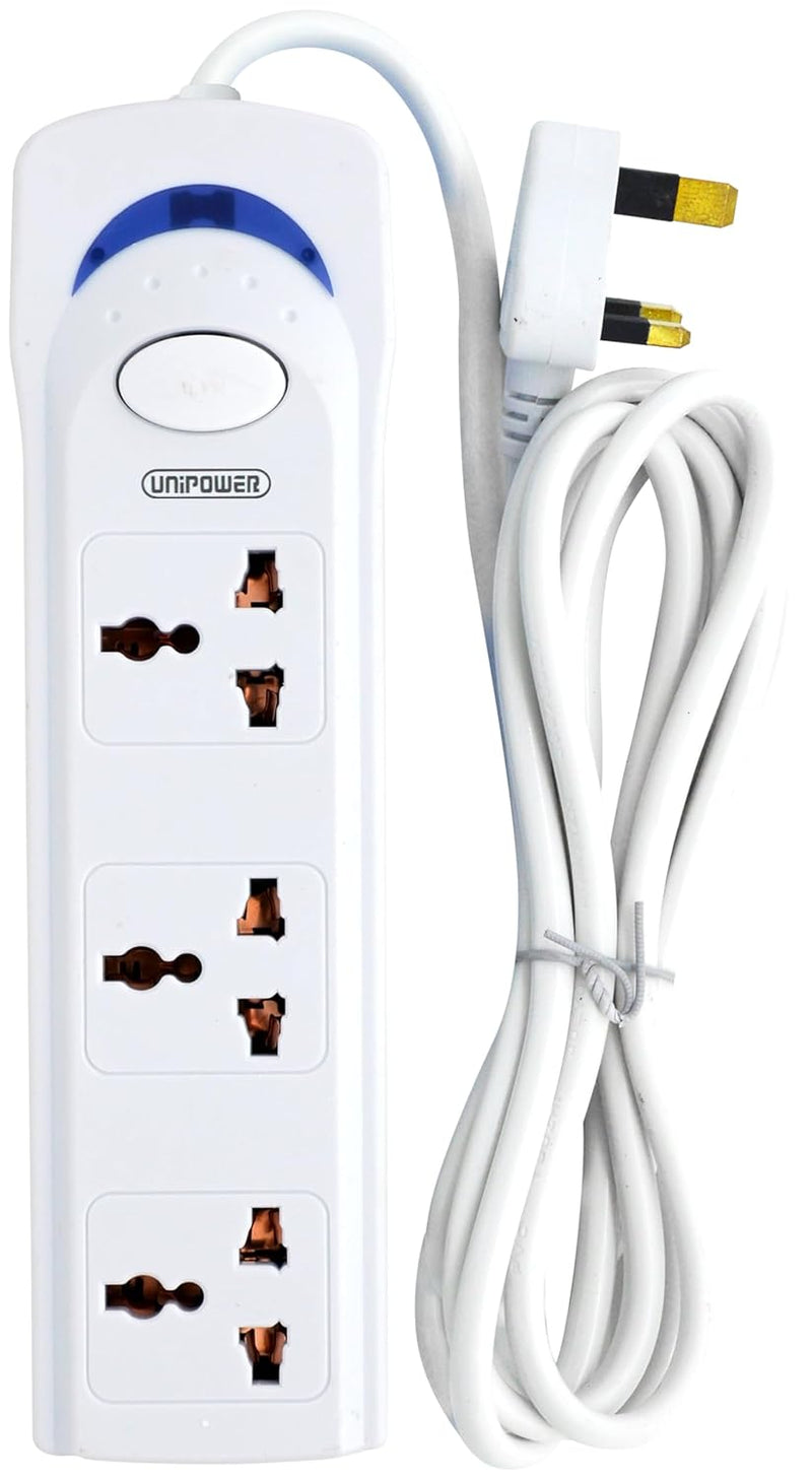 Unipower EX-1242 Power Socket with 3 Way Outlets and Extension Cord, 3 Meter Length, White