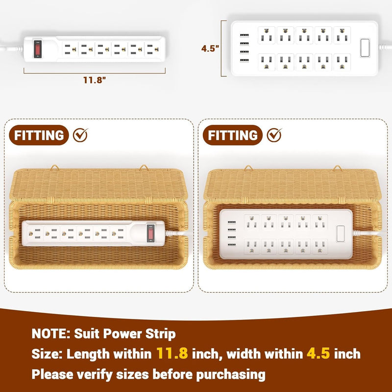 Cable Management Box, Handmade Rattan Organizer, 2 Open Slots Cords Hider Under Desk Cord Organizer Management, For Computer Router Usb Hub & Power Strip
