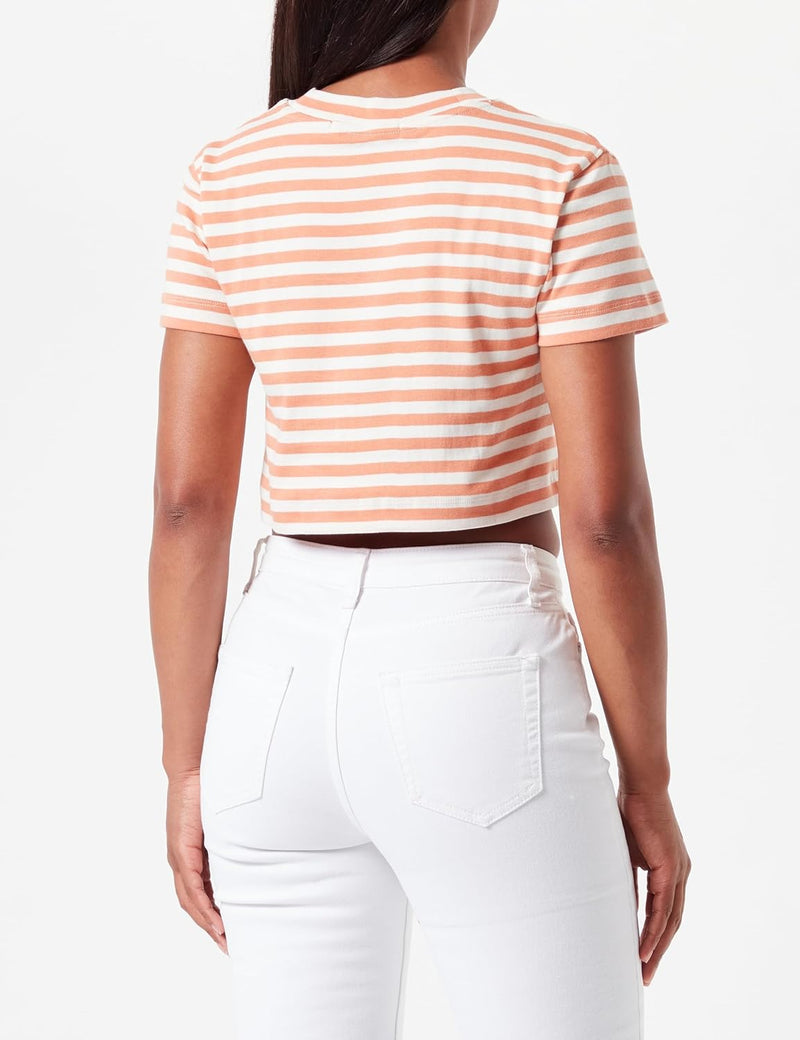Women STRIPED BABY S/S Knit Tops - Ivory / Tropical Orange