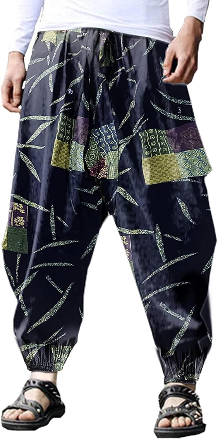 Men Hippie Harem Pants Baggy Linen Boho Yoga Casual Trouser - Style B03