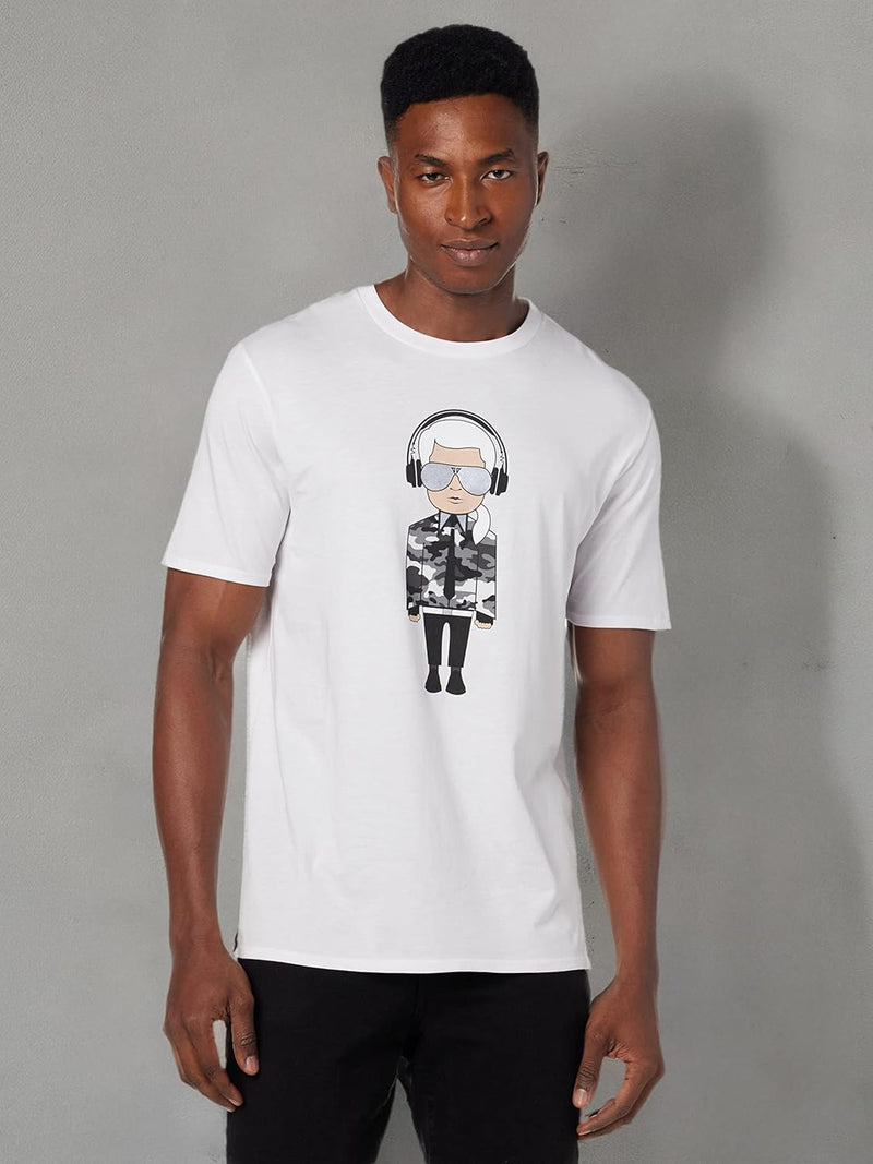 KARL LAGERFELD mens Reflective Men’s T-shirt, Karl Character With Headphones Short Sleeve Crew Neck Men’s Shirt T-Shirt