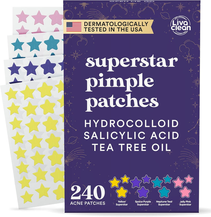 LivaClean Star Pimple Patches for Face w/Hydrocolloid, Salicylic Acid & Tea Tree, 240 Patches, Hydrocolloid Acne Patch, Cute Star Pimple Patch for Healing Stickers Zit Superstar