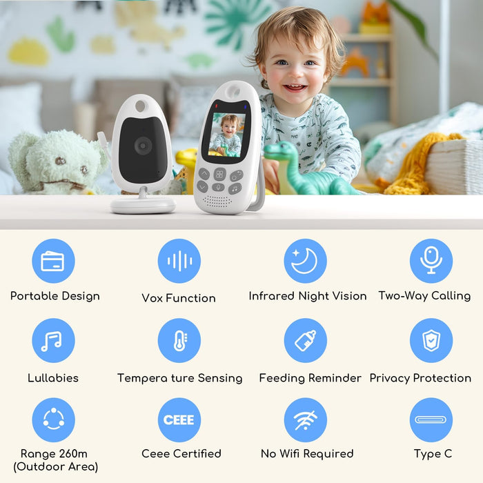 BOIFUN Video Baby Monitor with Camera, Two-way Audio, No WiFi, VOX Mode, Night Vision, 2-inch Screen Battery Powered, 8 Lullabies, Feeding Reminder, Smart Temperature, Elder/Pet, Wireless, Portable