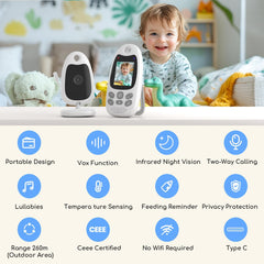 BOIFUN Video Baby Monitor with Camera, Two-way Audio, No WiFi, VOX Mode, Night Vision, 2-inch Screen Battery Powered, 8 Lullabies, Feeding Reminder, Smart Temperature, Elder/Pet, Wireless, Portable