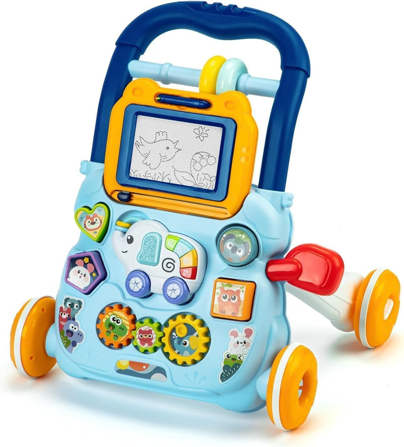 HUANGER HE0810 Baby Walker with Drawing Board, Interactive Learning Activity Centre, Music Panel and Lights, Blue, 12+ Months